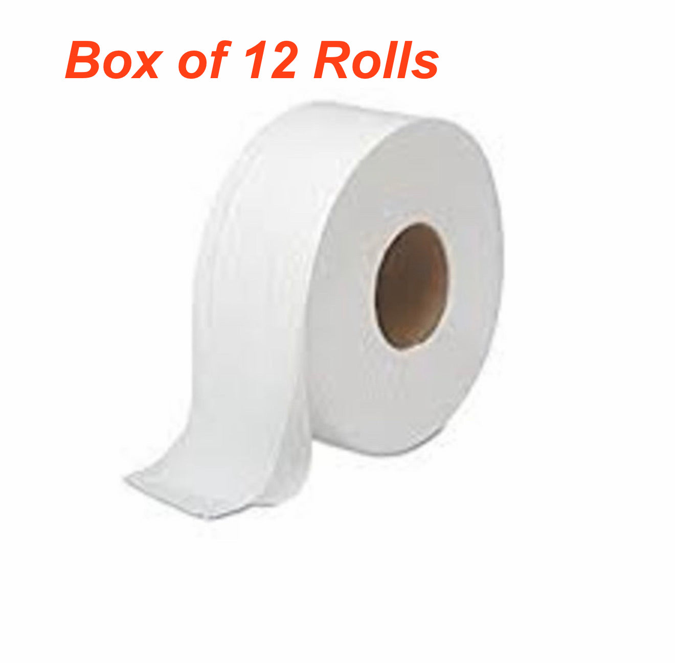 White roll of paper towel with 'Box of 12 Rolls' text above on a white background