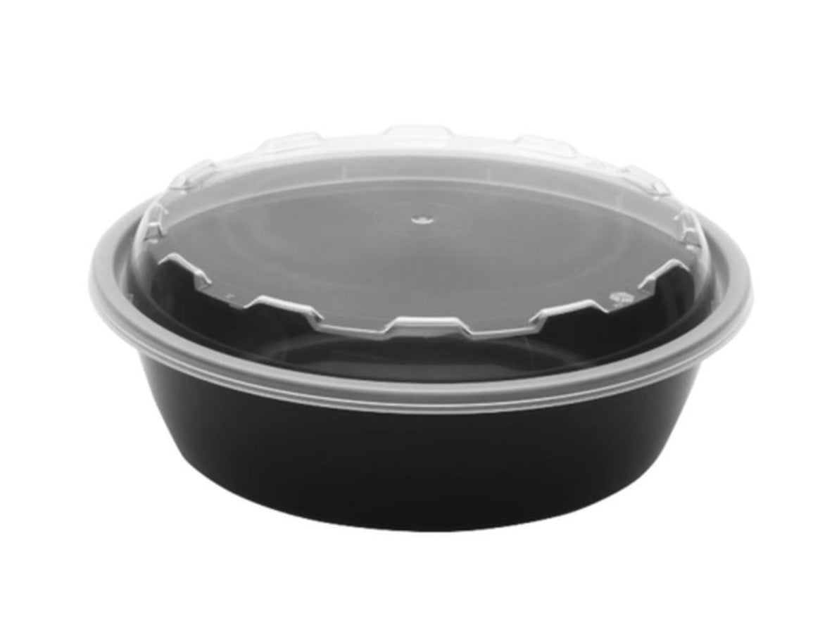 24oz Black Round Microwaveable Plastic Container with Lid 6.80”X1.90” (150ct)