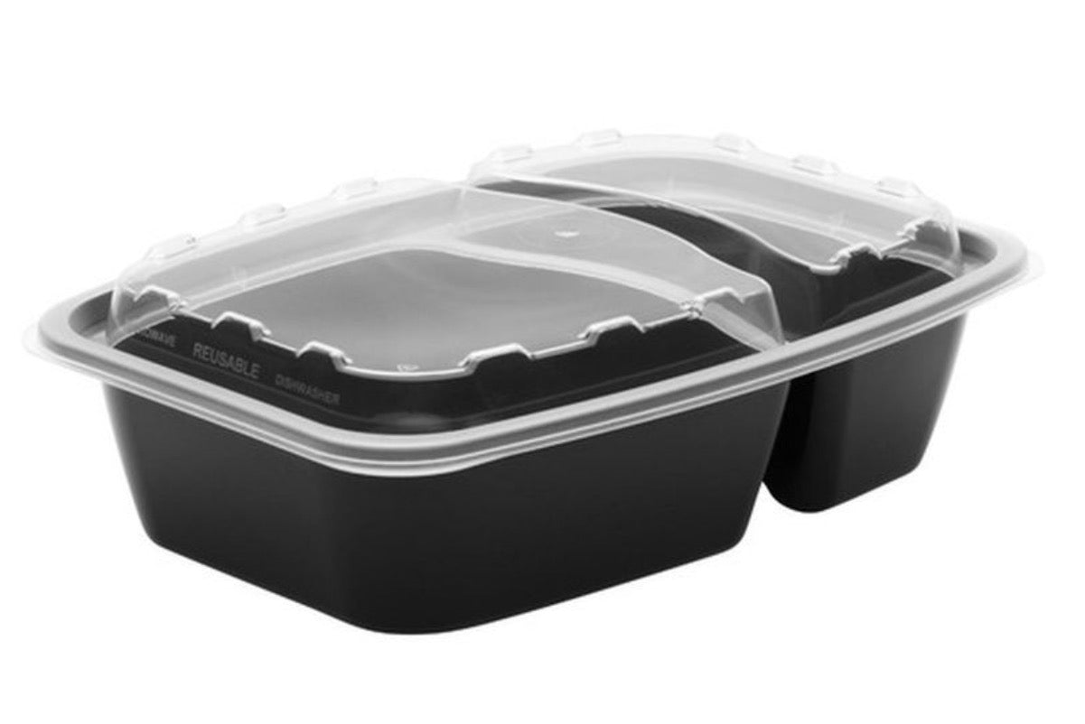 28oz Black Rectangular 2-compartment Microwavable Plastic 8.3” X 5.8”X2.10” (150ct)