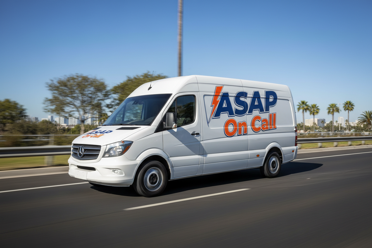 a white delivery van driving down the road, the letters on the van are ASAP On Call in blue and orange